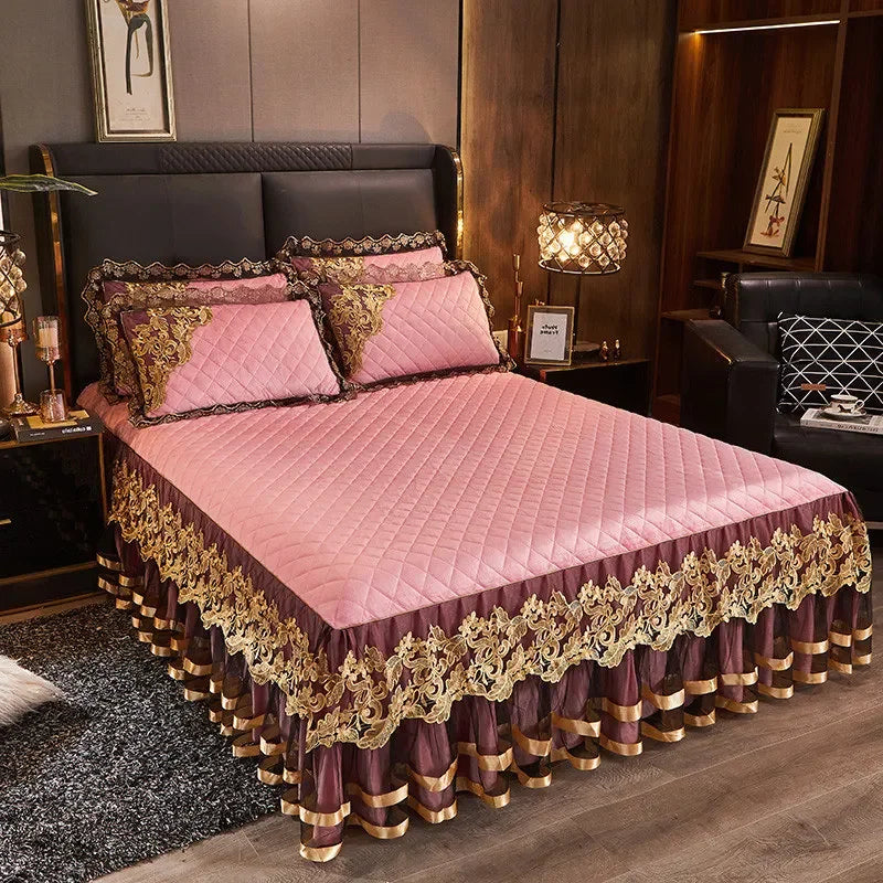Gold Embroidery Velvet Quilted Thicken Bedspread Queen King Size Soft Warm Lace Ruffle Bed Skirt 2 Pillowcases 200x220 Green