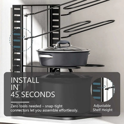 8-Tier Adjustable Pot Rack Organizer Rack Space-saving Cabinet Holder Durable Meta Adjustable Pots Pans lids Kitchen Tool
