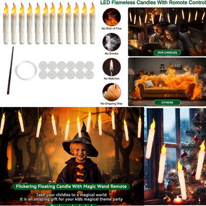 Floating Candles with Magic Wand Remote Control Flickering Warm Light Flameless Taper Candle for Christmas/Wedding/Party Home