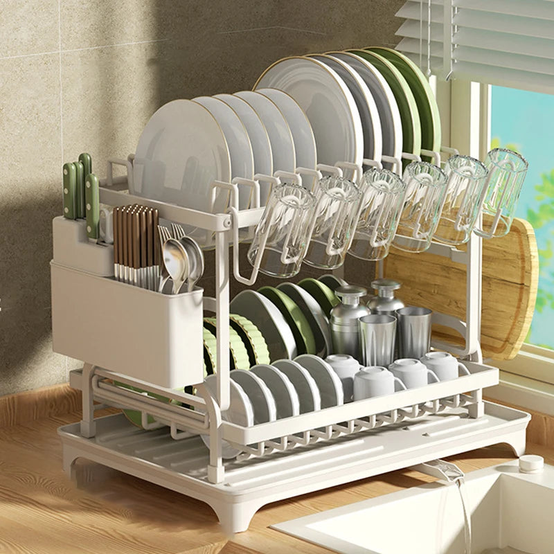 Dish Drainer Rack, Double-Layer Tray Storage Rack, Sturdy and Durable Cutting Board Rack and Utensil Rack, Can Be Used to Hold Cups, Pots, and Chopsticks, Suitable for Home Kitchens.