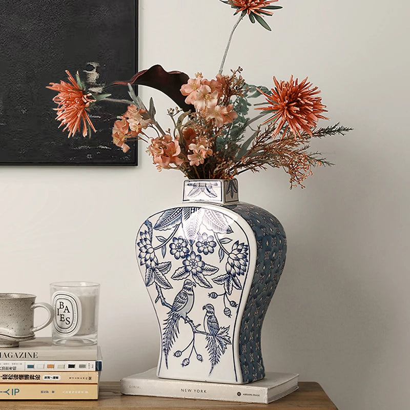 Chinese Blue-and-white Porcelain Vases Luxury Ceramic Ornaments Table Living Room Insert Flower Dryer Living Room Accessories