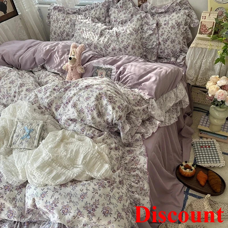 2025 new Korean Princess Style Floral Ruffles Bedding Set Skin-friendly Soft Duvet Cover Set Bed Sheet Or Bed Skirt Pillowcases