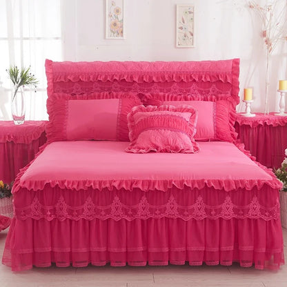 Princess 1 Piece Lace Bed Skirt + 2 Piece Pillowcases Bedding Bedspreads Sheet Pink Lace Bedding Set Bed For Girl Bed Cover