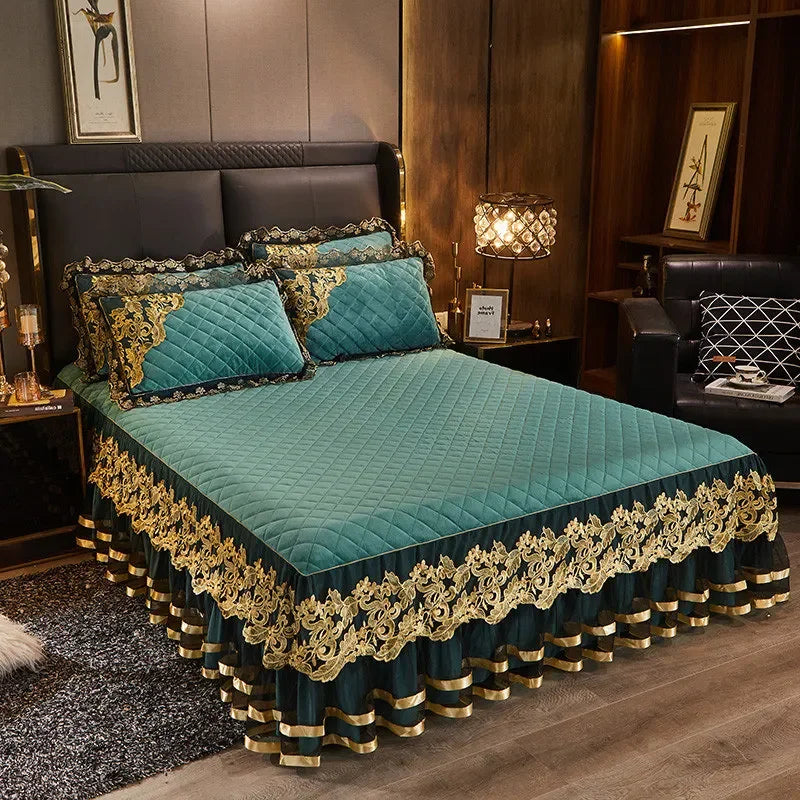 Gold Embroidery Velvet Quilted Thicken Bedspread Queen King Size Soft Warm Lace Ruffle Bed Skirt 2 Pillowcases 200x220 Green