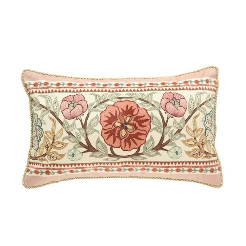 Home Decor Pillow Livingroom Sofa Nap Cushion Retro Velvet Pillowcase Bedside Cushion Cover Flower and Bird Printed Waist Pillow