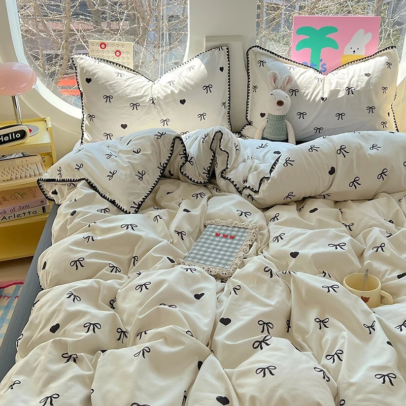 Korean Floral Style Bedding Set Washed Cotton Bed Flat/Fitted Sheets Set Duvet Cover Bed Linen Pillowcase Full Double Queen King