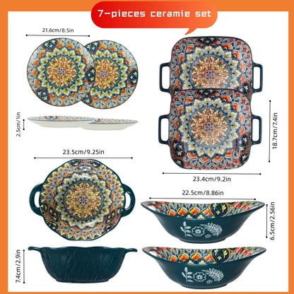 Bohemian ceramic plate 7-piece set cross-border high-value plate household new dessert plate underglazed plate spaghetti bowl