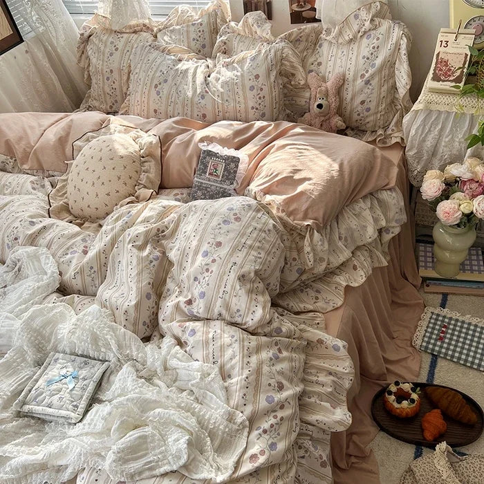 2025 new Korean Princess Style Floral Ruffles Bedding Set Skin-friendly Soft Duvet Cover Set Bed Sheet Or Bed Skirt Pillowcases