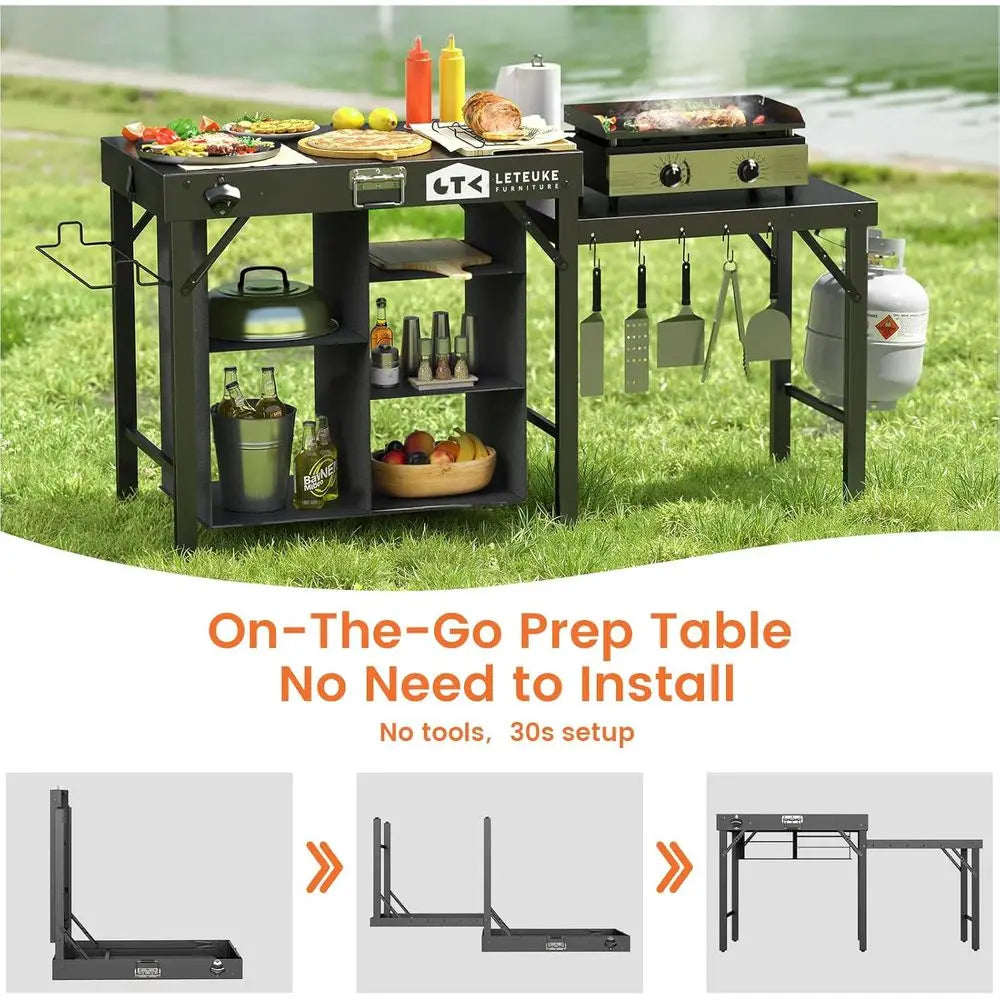 Portable Folding Grill Table with Storage - Ideal for Outdoor Camping, Picnics, Garden, Patio, Dining, BBQ, and Parties