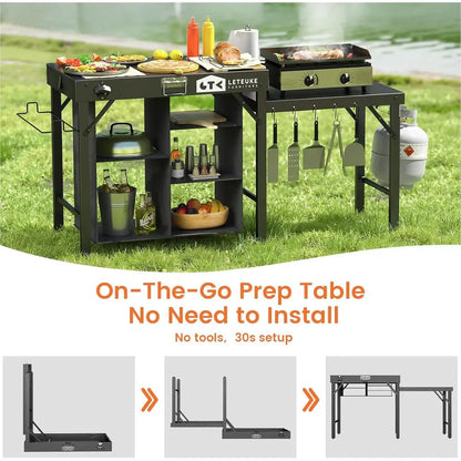 Portable Folding Grill Table with Storage - Ideal for Outdoor Camping, Picnics, Garden, Patio, Dining, BBQ, and Parties