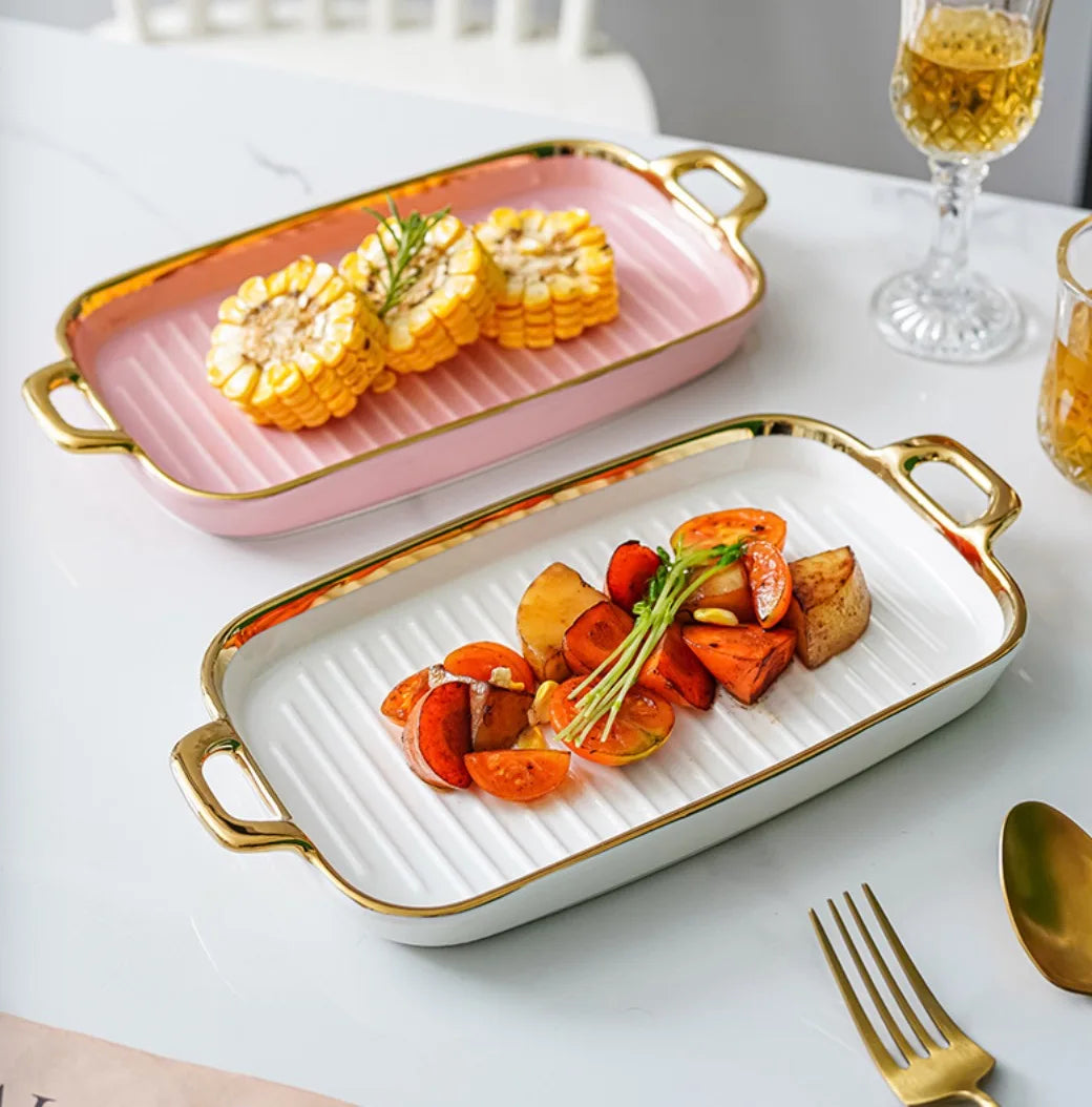 Binaural rectangular flat plate household ceramic tray snack board