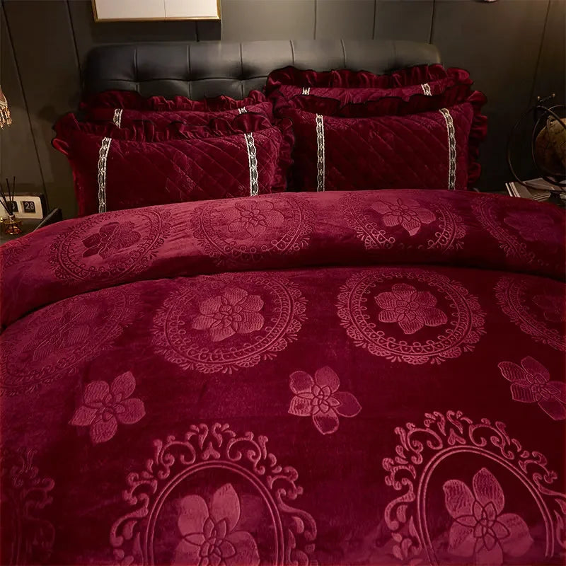 AI WINSURE-Europe Lace Velvet 4pcs Bedding Set, Embossed Duvet Cover, Quilted Bedspread, Soft, with 2 Pillowcases, for Winter