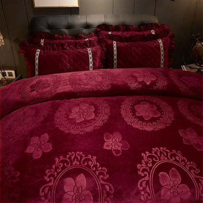 AI WINSURE-Europe Lace Velvet 4pcs Bedding Set, Embossed Duvet Cover, Quilted Bedspread, Soft, with 2 Pillowcases, for Winter