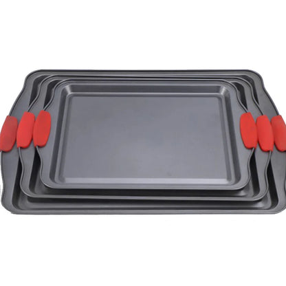 3-Piece Nonstick Kitchen Oven Baking Pans Premium Non-Stick Steel with Red Silicone Handles Restaurant Quality & Easy to Clean
