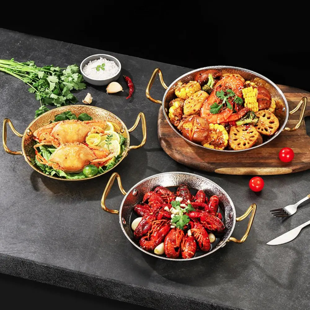Stainless Steel Hammer Grain Seafood Paella Pan Binaural Handle Flat Bottom Seafood Rice Pot Gold/Silver Thickened Stock Pot