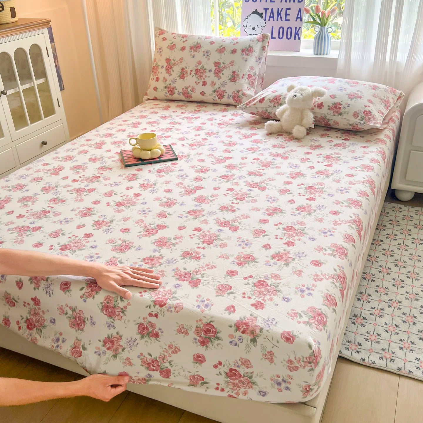 Floral Bed Sheets Set Fitted Sheet Non Slip Bedspread With Elastic Band Mattress Cover (With 1-2 Pillowcases) Double Bed Sheets