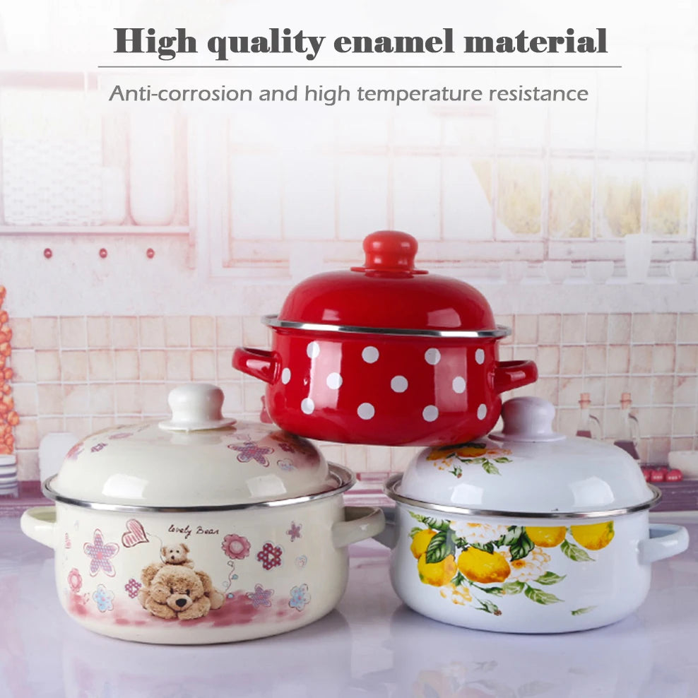 16/18/20CM Double Ears Speckled Stew Pot  Porcelain Enameled Soup Bowl With Lid Instant Noodle Bowl Induction Cooker Pot