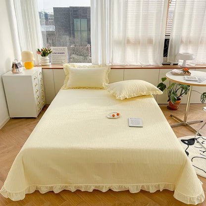 Korean Style Quilted Double Bed Cover and Pillowcase 100% Cotton Ruffles Comfortable Queen Size Bedspread Set Soft Home Coverlet