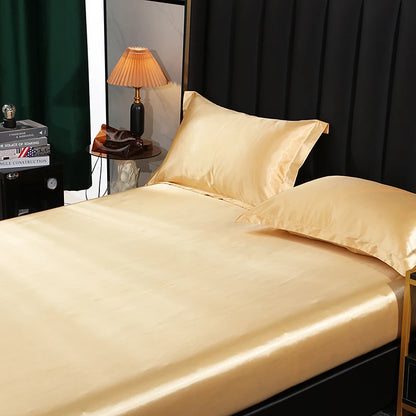 Mulberry Silk Bed Sheet Set with Fitted Sheet Flat Sheets Pillowcase Luxury Solid Color Bedding Sets Wrinkle-Free Antiallergic