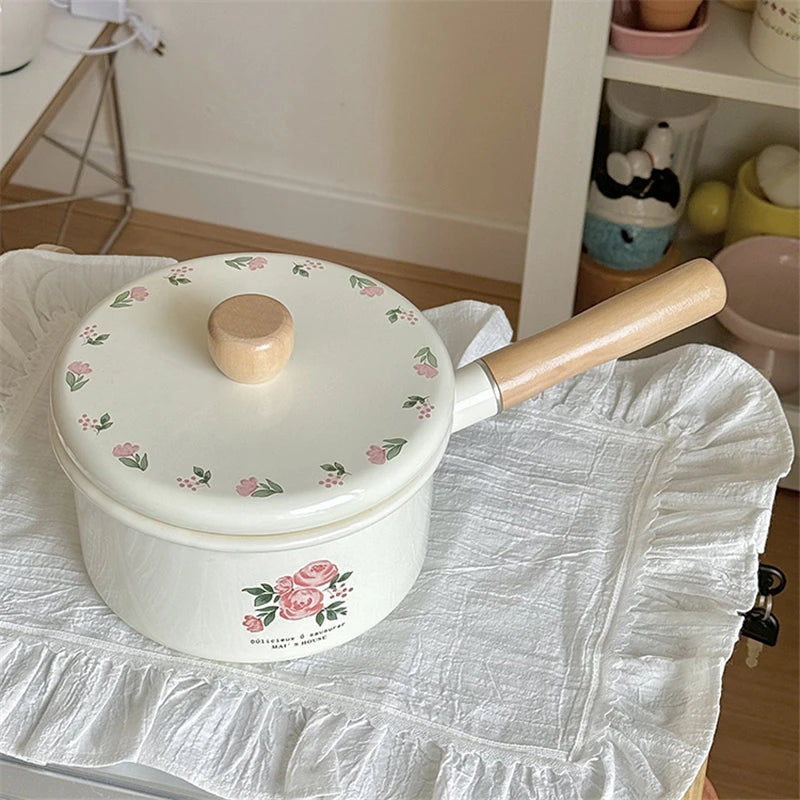 Enamel Milk Pan With Lid Vintage Pink Rose Kitchen Pots Offers Baby Food Pot Small Noodle Soup Pot Enamel Cookware Utensils