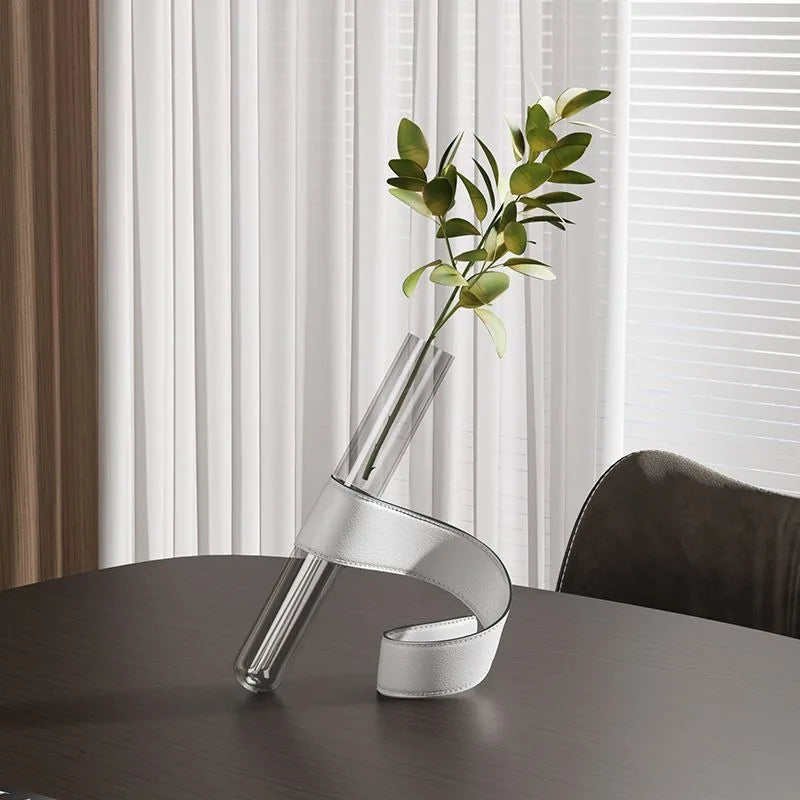Nordic Modern Artistic Vases Simple Glass Tubular Living Room Desktop Vases Leather Bracket Handmade Luxury Personal Home Decor