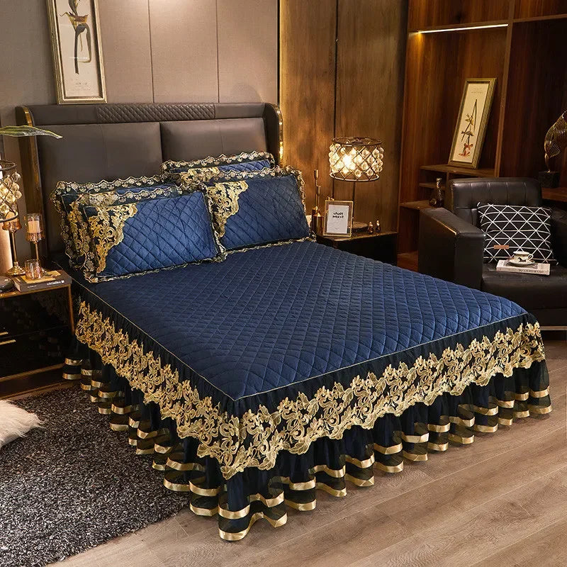 Gold Embroidery Velvet Quilted Thicken Bedspread Queen King Size Soft Warm Lace Ruffle Bed Skirt 2 Pillowcases 200x220 Green
