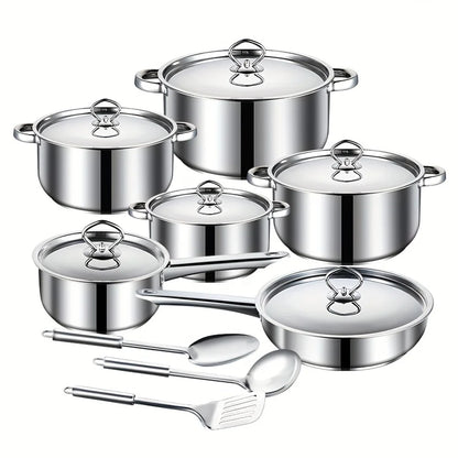 Stainless steel cookware set with lid, cooking spatula, soup spoon, complete set of kitchen utensils, multifunctional