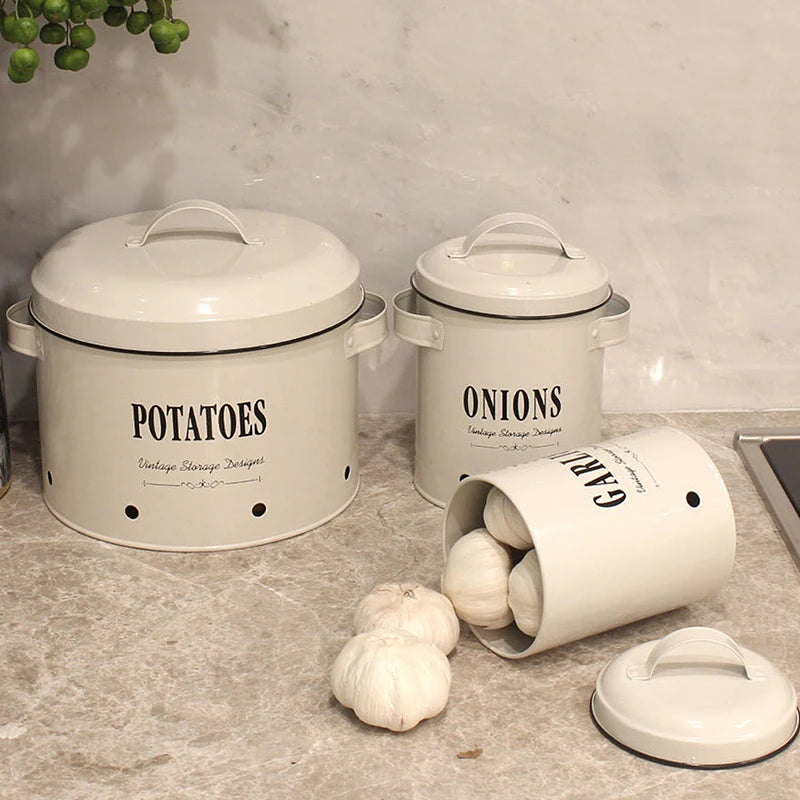 3 Pack Vegetable Storage Tins，Potatoes Storage，Metal Onion and Potato Storage Bins，Kitchen Potato and Onion Storage Bin