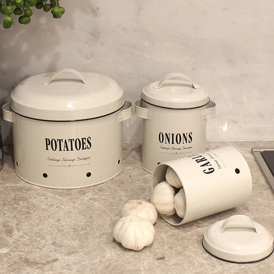 3 Pack Vegetable Storage Tins，Potatoes Storage，Metal Onion and Potato Storage Bins，Kitchen Potato and Onion Storage Bin