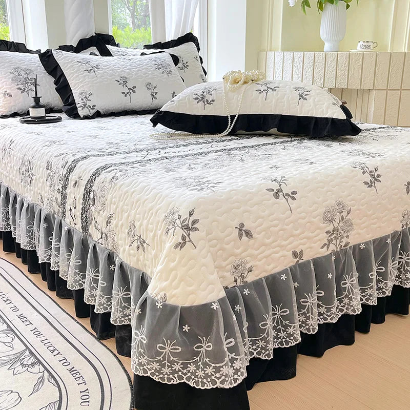 1pc Quilted Bedspread for Beds Thick Blanket with Lace Single/Queen/King Size Flower Printed Quilted Bed Cover Soft Bedspreads