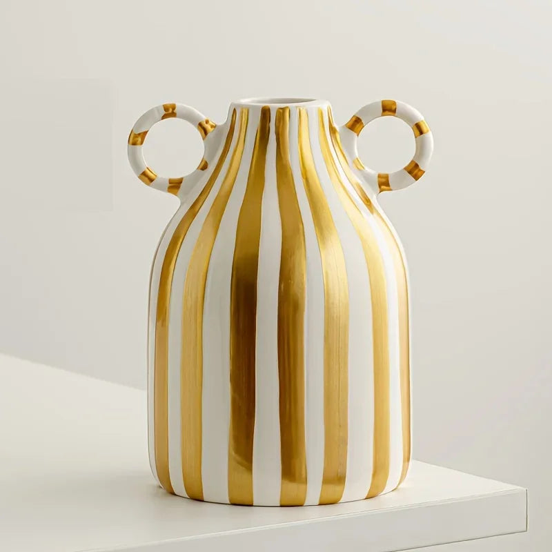 Decorative OrnamentsHand-Painted Ceramic Vase with Dual Handles - Striped, Cylinder Design for Living Room Decor, Earthenware