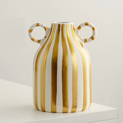 Decorative OrnamentsHand-Painted Ceramic Vase with Dual Handles - Striped, Cylinder Design for Living Room Decor, Earthenware
