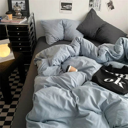 100% Cotton Bed Linen Bedding Set Washed Cotton Four Pieces Bed Sheet Set Comforter Sets Dolid Double Couple Bed Quilt Cover