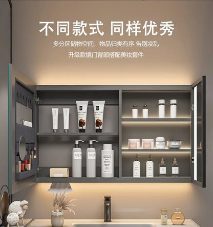 Bathroom Furniture Mirror Cabinet Modern Solid Wood Bathroom Smart with Light Defogging Beauty Mirror with Storage Locker