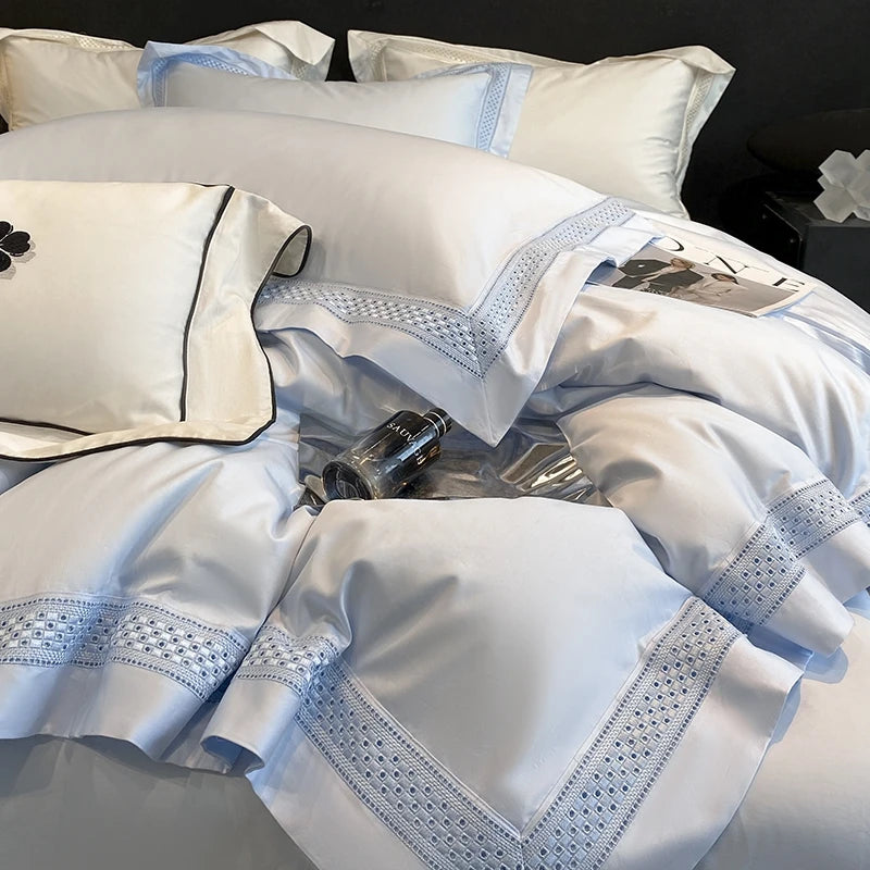 Egyptian Cotton Hollow Edge Luxury Bedding Set, White, Grey, Pink, Blue,1 Duvet Cover,2 Pillowcases,1 Flat Sheet Or Fitted Sheet