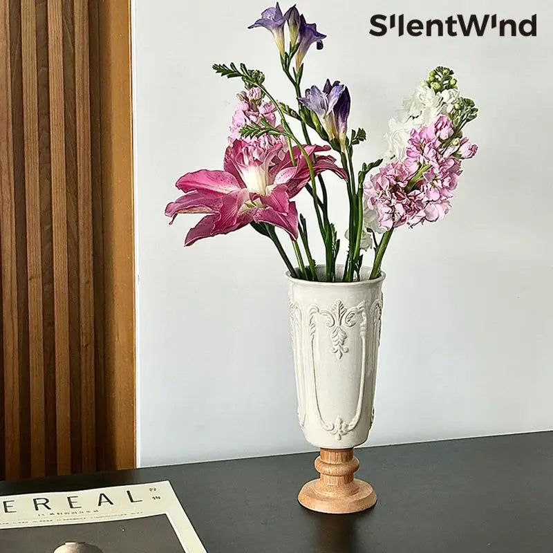 1PC French relief white creative ceramic wooden vase for living room, home and hotel decoration
