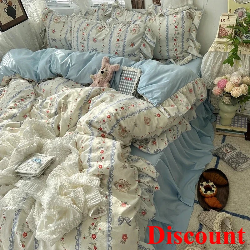 2025 new Korean Princess Style Floral Ruffles Bedding Set Skin-friendly Soft Duvet Cover Set Bed Sheet Or Bed Skirt Pillowcases
