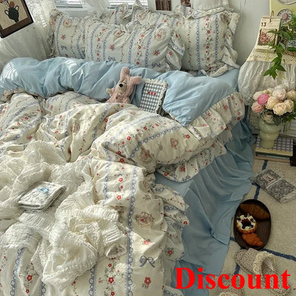 2025 new Korean Princess Style Floral Ruffles Bedding Set Skin-friendly Soft Duvet Cover Set Bed Sheet Or Bed Skirt Pillowcases