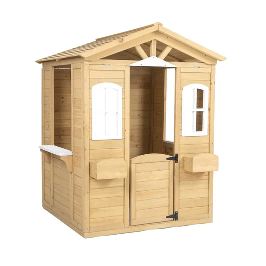 Modern Classic Solid Wood Playhouse for Kids Outdoor Furniture with Working Door Windows Mailbox Flowers Pot Holder