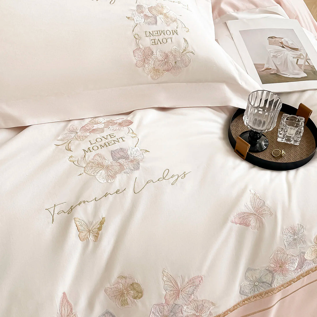 Butterfly Embroidery Bedding Set Luxury 4pcs Egyptian Cotton Duvet Cover Set Flat/Fitted Bed Sheet Pillowcases Home Textiles