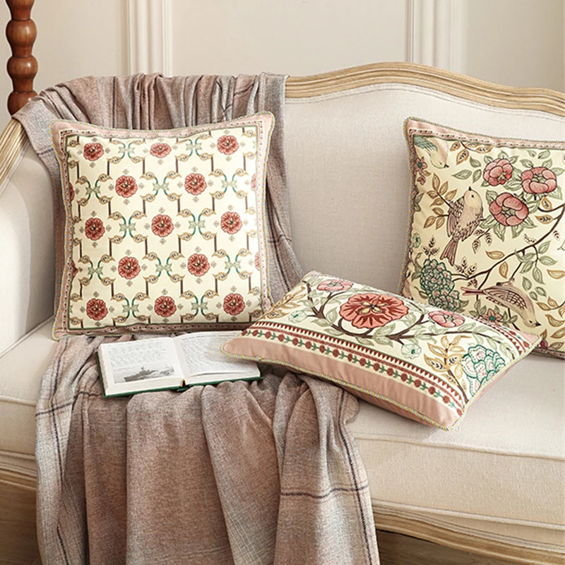 Home Decor Pillow Livingroom Sofa Nap Cushion Retro Velvet Pillowcase Bedside Cushion Cover Flower and Bird Printed Waist Pillow