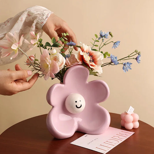 Flower Smiling Face Flower Arrangement Cute Ceramic Vase Decorative Table Dried Flower Vase Ornaments Home Decoration Vases