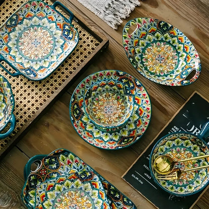 Bohemian ceramic plate 7-piece set cross-border high-value plate household new dessert plate underglazed plate spaghetti bowl