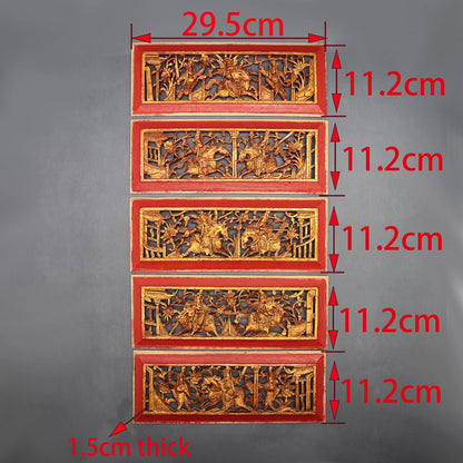 Set of 5 Solid Wood Carving Panels from Old Chinese Canopy Bed, Wall Decoration
