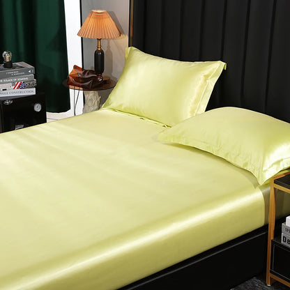 Mulberry Silk Bed Sheet Set with Fitted Sheet Flat Sheets Pillowcase Luxury Solid Color Bedding Sets Wrinkle-Free Antiallergic