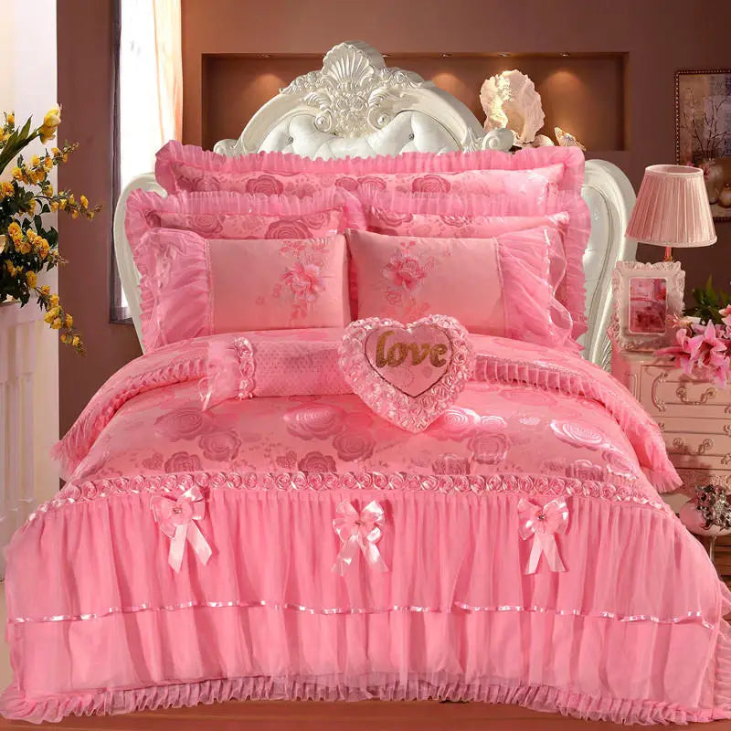 4/6/8pcs Red Pink Lace Princess Bedding Set Luxury Girls Wedding Bed Set Quilt Cover Bed Sheets Queen King Size 2025 New Design