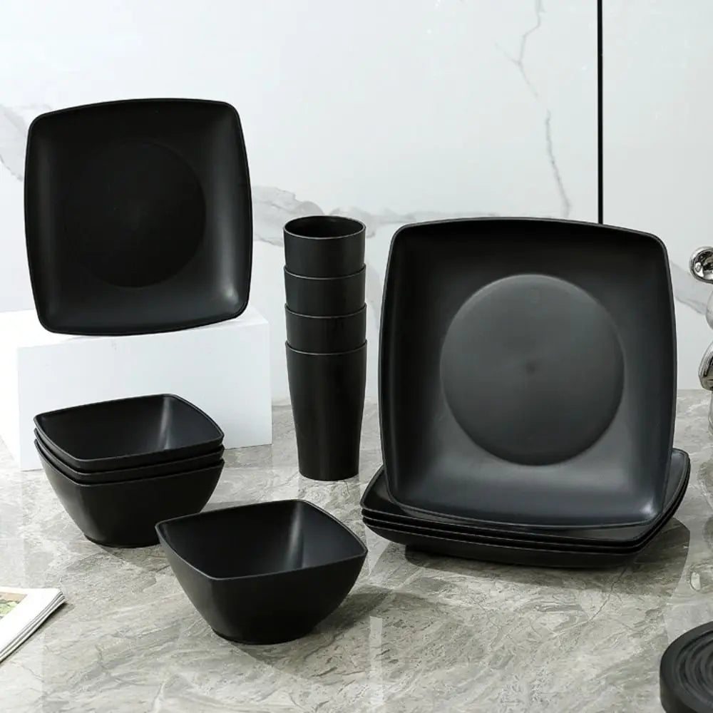 16pcs/Set Square Plastic Dinnerware Set Reusable Wheat Straw Tableware Suit Large Capacity Thickened Dinner Plate Set Salad
