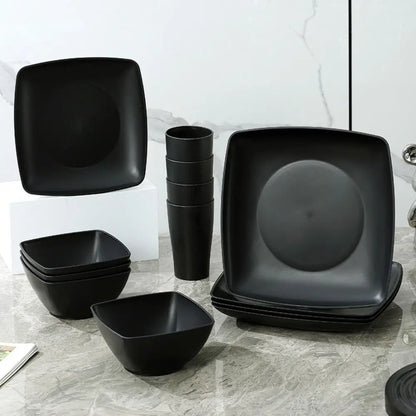 16pcs/Set Square Plastic Dinnerware Set Reusable Wheat Straw Tableware Suit Large Capacity Thickened Dinner Plate Set Salad