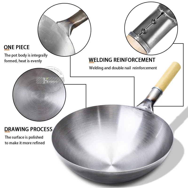 32/34/36cm Iron Wok Chinese Traditional Handmade Large Wok Household Cooking Pot Wooden Handle Wok Kitchen Cookware