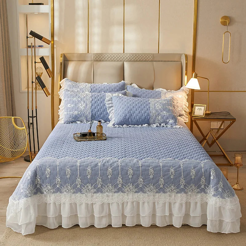 Solid Color Thicked Quilted lace Bed Skirt European Style 245x250cm Coverlet Bed Cover Bed Linen Solid Color King Queen Size